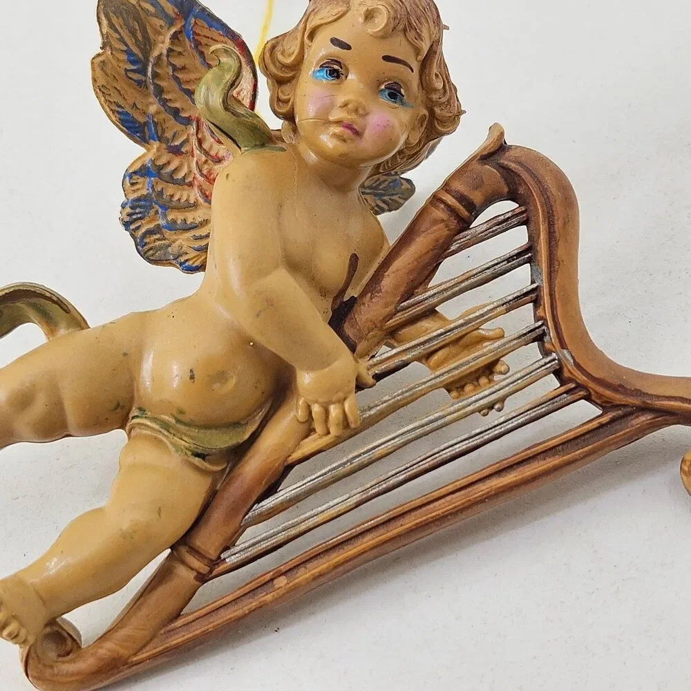 Vintage Italy Cherub Angel with Harp Christmas Ornament Holiday Decor